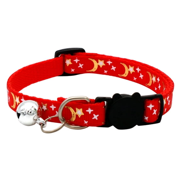 Breakaway Cat Collar with Bell, Adjustable, Red with Gold Moon and Star Pattern, for Kittens and Small Cats
