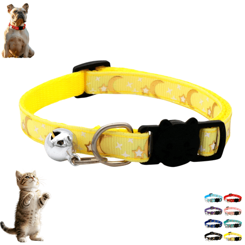 Breakaway Cat Collar with Bell, Glow in The Dark Moon Star Pattern Adjustable Kitten Collar with Luminous Pendant, Cute Safety Collar