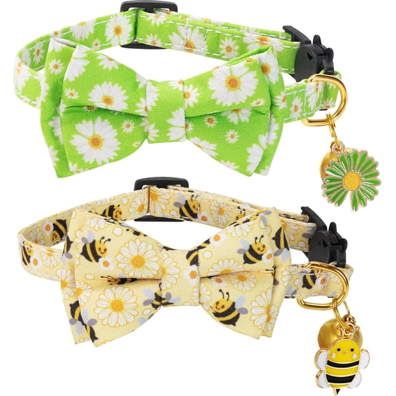 Breakaway Cat Collar with Cute Bow Tie Bell 2Pack Daisy Bee Pattern for Male Female Soft Cotton Kitty Kitten Summer Spring Ideal Girl Boy Cats