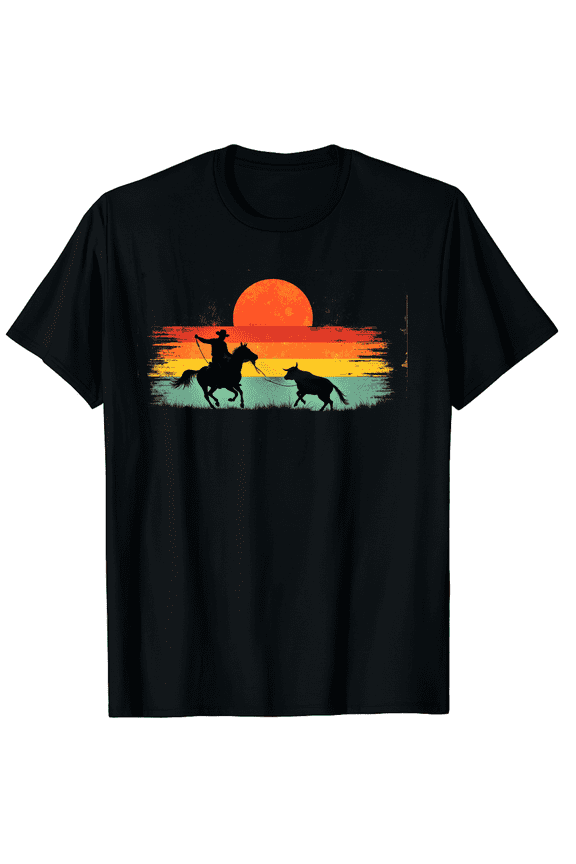Breakaway Roping Cowboy Retro Rodeo Graphic Calf Roping Graphic Black T-Shirt for Men and Women
