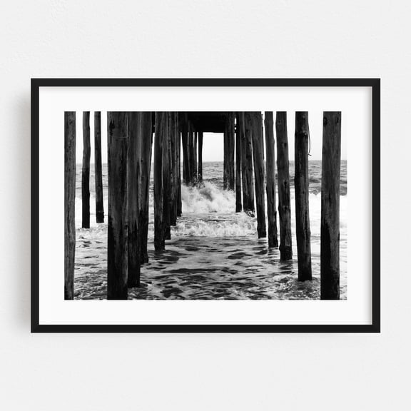 Breakers Under the Pier - Ocean City Maryland Photography Black and White Waves Seascape Boardwalk Ocean Coast Water Black Framed Wall Art Print 5 x 7 inches