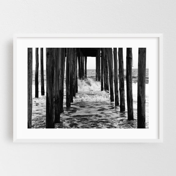 Breakers Under the Pier - Ocean City Maryland Photography Black and White Waves Seascape Boardwalk Ocean Coast Water White Framed Wall Art Print 5 x 7 inches