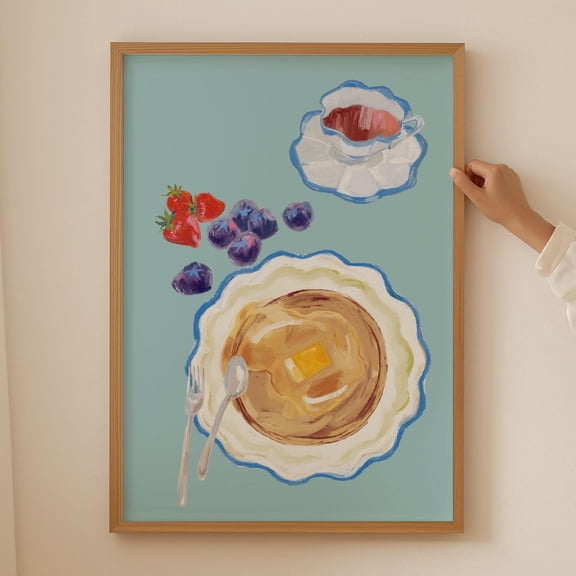 Breakfast Art Print - Pancakes With Berries, Retro, Minimalist Food Poster For Dining Room Or Cafe Wall Art, Modern Wall Decor, 8x12 UNFRAMED