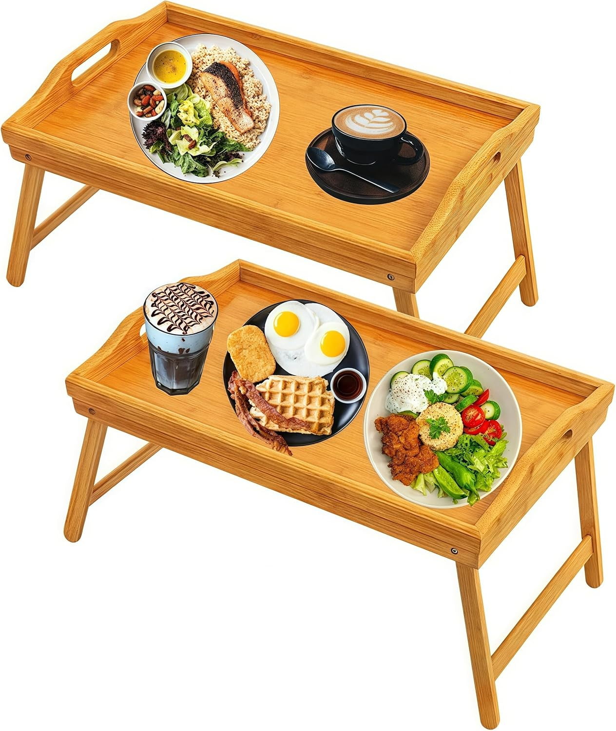 2-Pack Adjustable Height Bamboo Bed Trays - Foldable Lap Desks For Eating In Bed Or Sofa