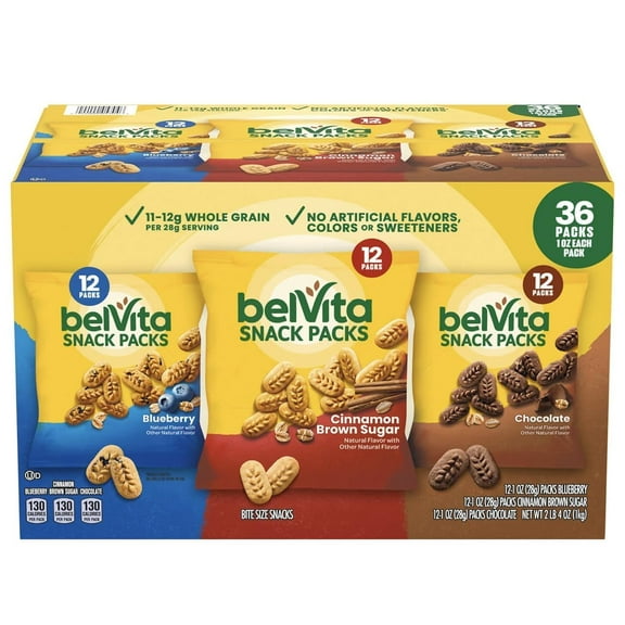Breakfast Biscuits Variety Packs | 3 Natural Flavors - 12 Chocolate belvitas Snack Packs, 12 Cinnamon Brown Snack Packs, and 12 Blueberry Snack Packs | (Belvita Breakfast Biscuits 36 pack)