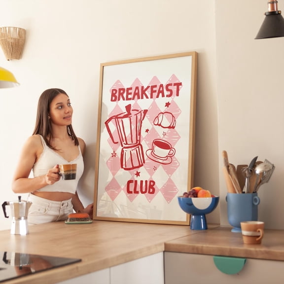 Breakfast Club Wall Decor, Coffee Club Sign, Croissant Art Print, Brunch Club Morning Affirmation Wall Art, Stretched Canvas 8x10in