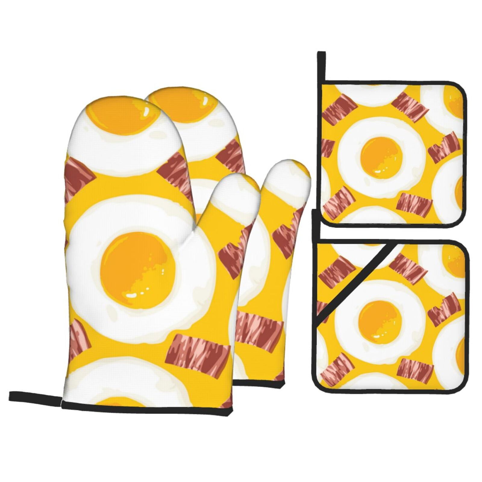 Breakfast Eggs Bacon Cute 4Pcs Oven Mitts and Pot Holders Sets Oven Kitchen Gloves Hot Pads for Cooking BBQ Baking Grilling