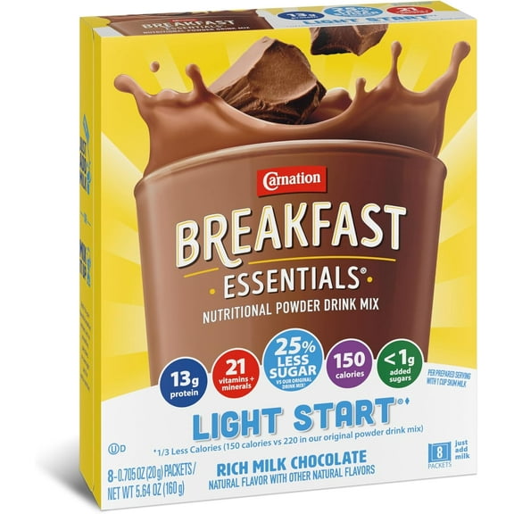 Breakfast Essentials Instant Complete Nutritional Drink, No Sugar Added Chocolate (Pack of 8)