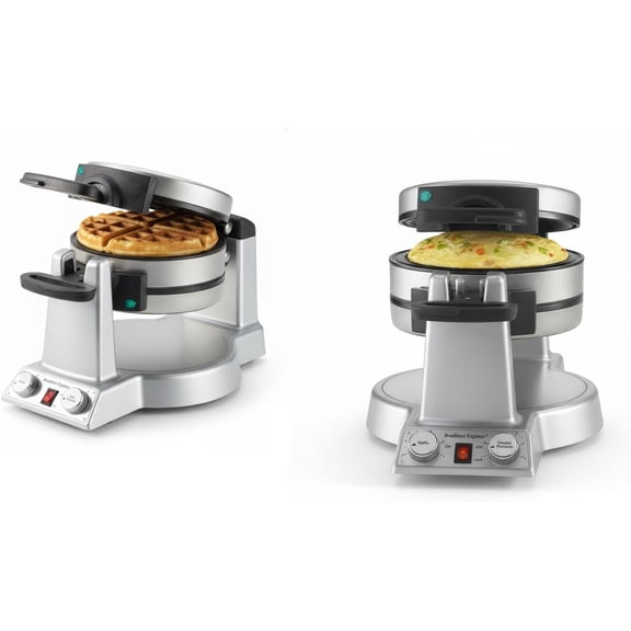 Breakfast Express Flip Waffle and Omelet Maker One Side Waffle Maker and One Side Egg and Omelet Maker 1 Inch Belgian Waffles Nonstick Dual Browning Controls Stainless Steel WAF-B50