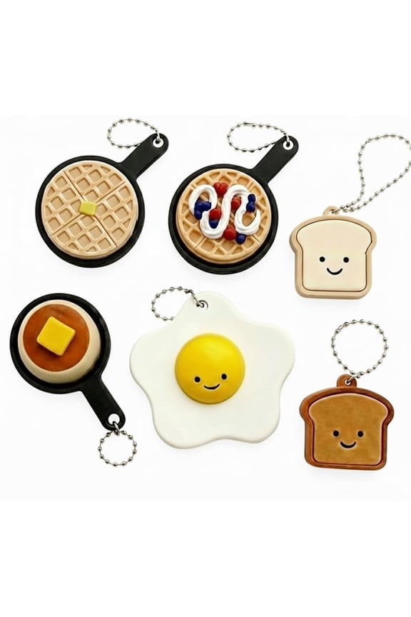 Breakfast Fidget Clicker Set 6-Pack Clicker Keychains Cute 3D Printed Egg, Toast, Pancake & Waffle Fidget for Relief Stress Autism Hyperactivity