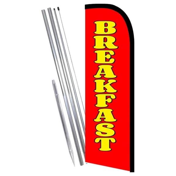 Breakfast Flag Kit - Windless Banner Flag, Pole & Stake - 3x11.5 ft Red/Yellow - Business, Events, Promotions