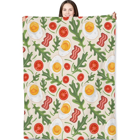 Breakfast Food Throw Blanket for Adults Kids, 40x50 in, Fried Egg Bacon Tomato and Arugula Theme Flannel Blankets for Bedroom, Couch, Travel, Home Decor, Fuzzy Soft Cozy Warm Gifts