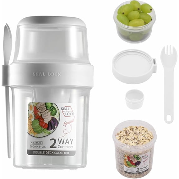 Breakfast On The Go Cups, Salad Cup To Go, Take And Go Yogurt Cereal Overnight Oats Snack Parfait Containers & Salad Dressing Holder With Fork For Lunch, Fruit & Vegetable Jar