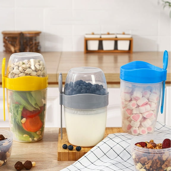 Breakfast On The Go Yogurt Cups, Reusable Plastic Containers with Lids and Spoons, Perfect Jars for Overnight Oats Cereal Oatmeal Smoothies and Snack Prep