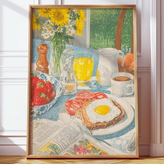 Breakfast Illustration Poster Eclectic Morning Aesthetic, Unframed Paper Poster 8x10in