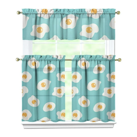 Breakfast-Inspired Kitchen Curtains 3-Piece Set - Fried Egg Design Rod Pocket Tiers & Valance, Food & Cooking Decor, Light Filtering Short Curtains for Farmhouse Windows