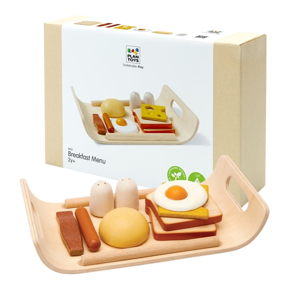 PlanToys Wooden Play Food Breakfast Set for Kids | Pretend Cooking & Role-Play Toy with Bread, Egg, Sausage & More | Eco-Friendly Kitchen Toy for Imaginative Play & Fine Motor Skills