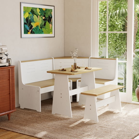 Breakfast Nook Kitchen Corner Dining Table Bench Chair Set, Space-Saving 3-4 Seat L-Shape Farmhouse Mid Century Modern Style for Family Home White Wood