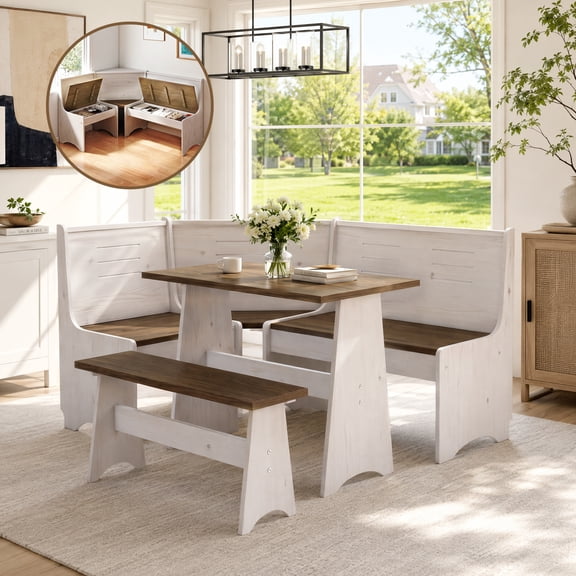 Breakfast Nook Kitchen Corner Dining Table Bench Chair Set, Space-Saving 3-4 Seat L-Shape Farmhouse Mid Century Modern Style for Family Home Wood Brown White