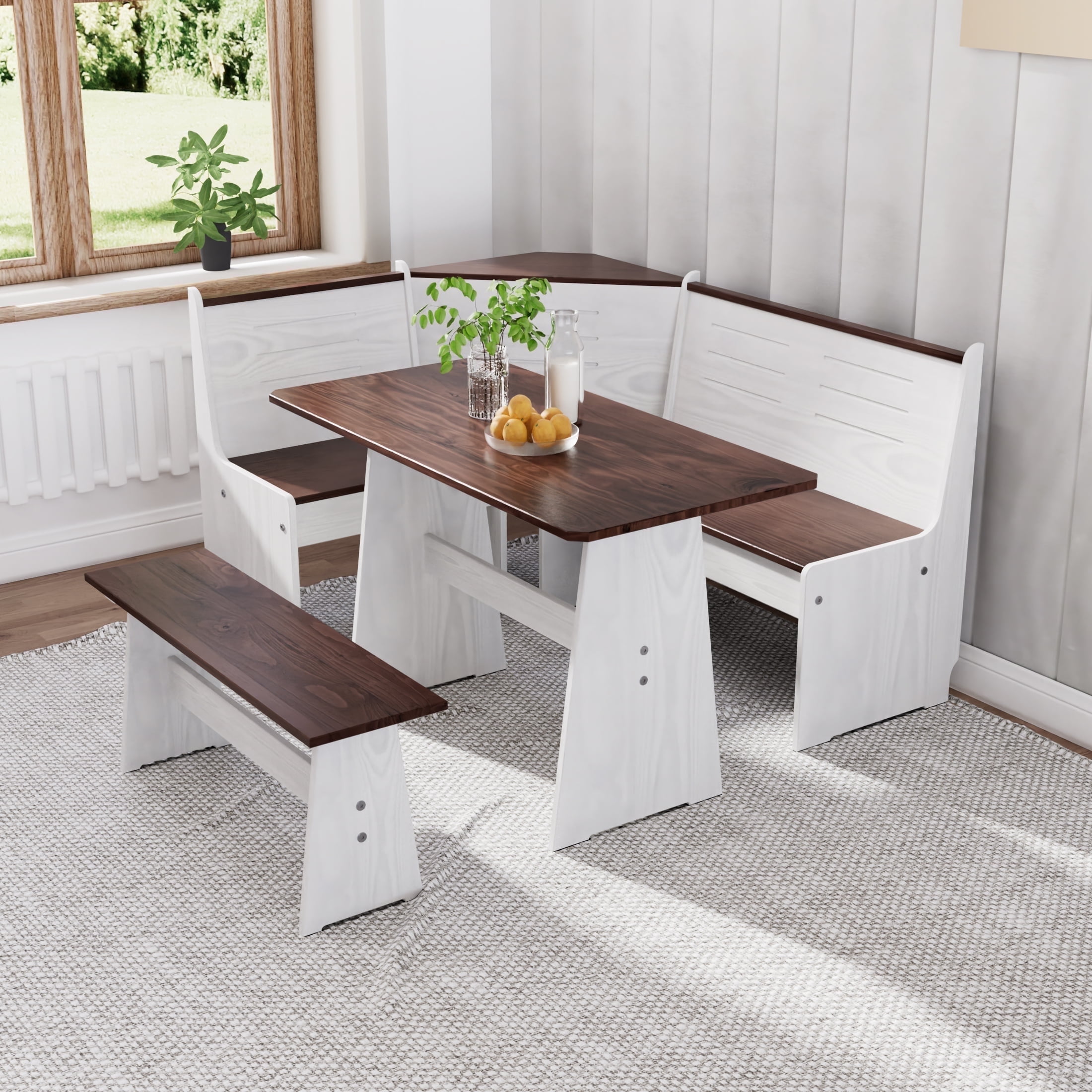 Breakfast Nook Kitchen Corner Dining Table Set, Nook Table Dining Room Sets for 3-5 with Bench, Farmhouse Corner Banquette Seating, White/Brown