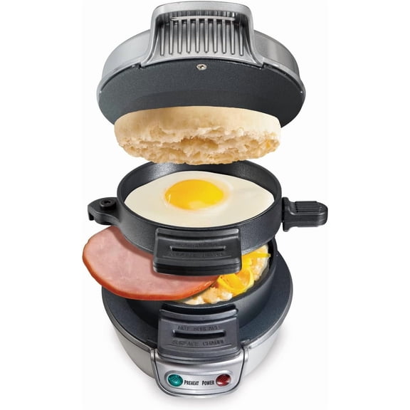 Breakfast Sandwich Maker with Egg Cooker Ring | Perfect for English Muffins, Croissants, Mini Waffles | Customizable & Fast | PFAS-Free | Silver | 25475MN