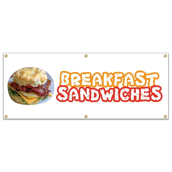 Breakfast Sandwiches Banner 24" X 72" Heavy Duty 13 Oz Vinyl Banners with Grommets Single Sided