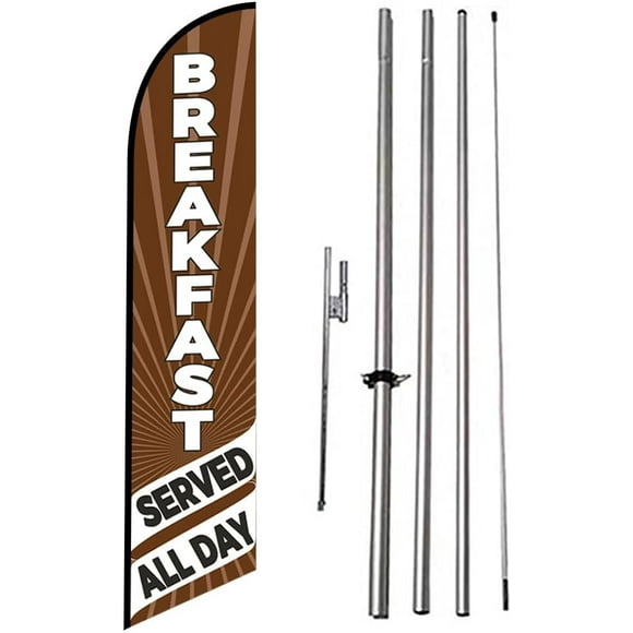 Breakfast Served All Day (Brown/White) Swooper Flag for Restaurant or Cafe Advertising Sign Flag Banner with Complete Pole Kit and Ground Stake