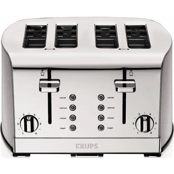 Breakfast Set Stainless Steel Toaster 4 Slice 1500 Watts 6 Brown Settings, Defrost, Reheat, High Lift Lever Silver, Matte and Chrome