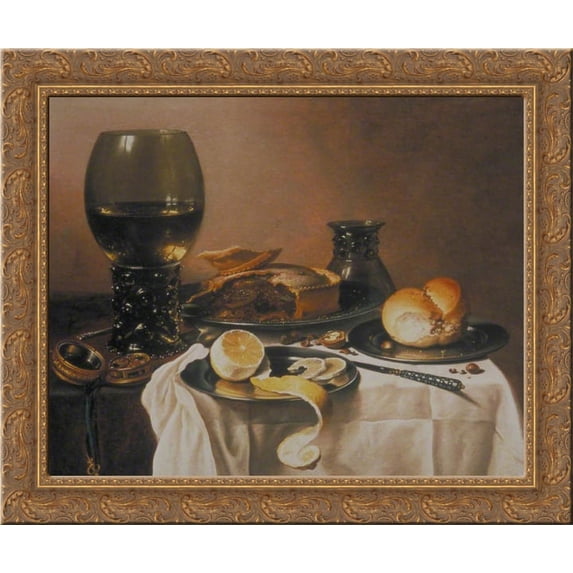 Breakfast Still Life with Roemer, Meat Pie, Lemon and Bread 24x20 Gold Ornate Wood Framed Canvas Art by Pieter Claesz
