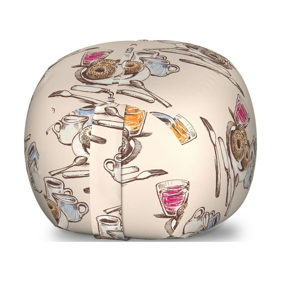 Breakfast Storage Toy Bag Chair, Coffee Donuts and Juices on the Table Morning Routine Cooking Food Theme, Stuffed Animal Organizer Washable Bag, Large Size, Beige and Brown, by Ambesonne