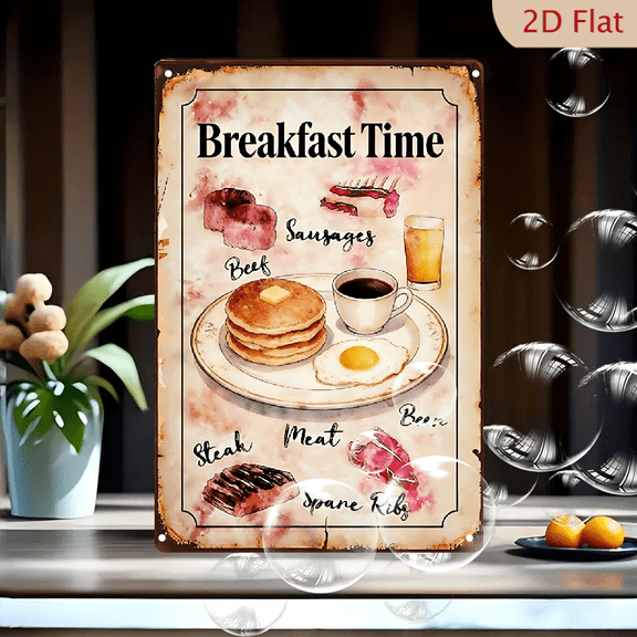 Breakfast Time Vintage Watercolor 8x12 Inches Metal Wall Art Sign, Rustic Kitchen Decor with Pancakes, Eggs, Coffee, Steak & Ribs