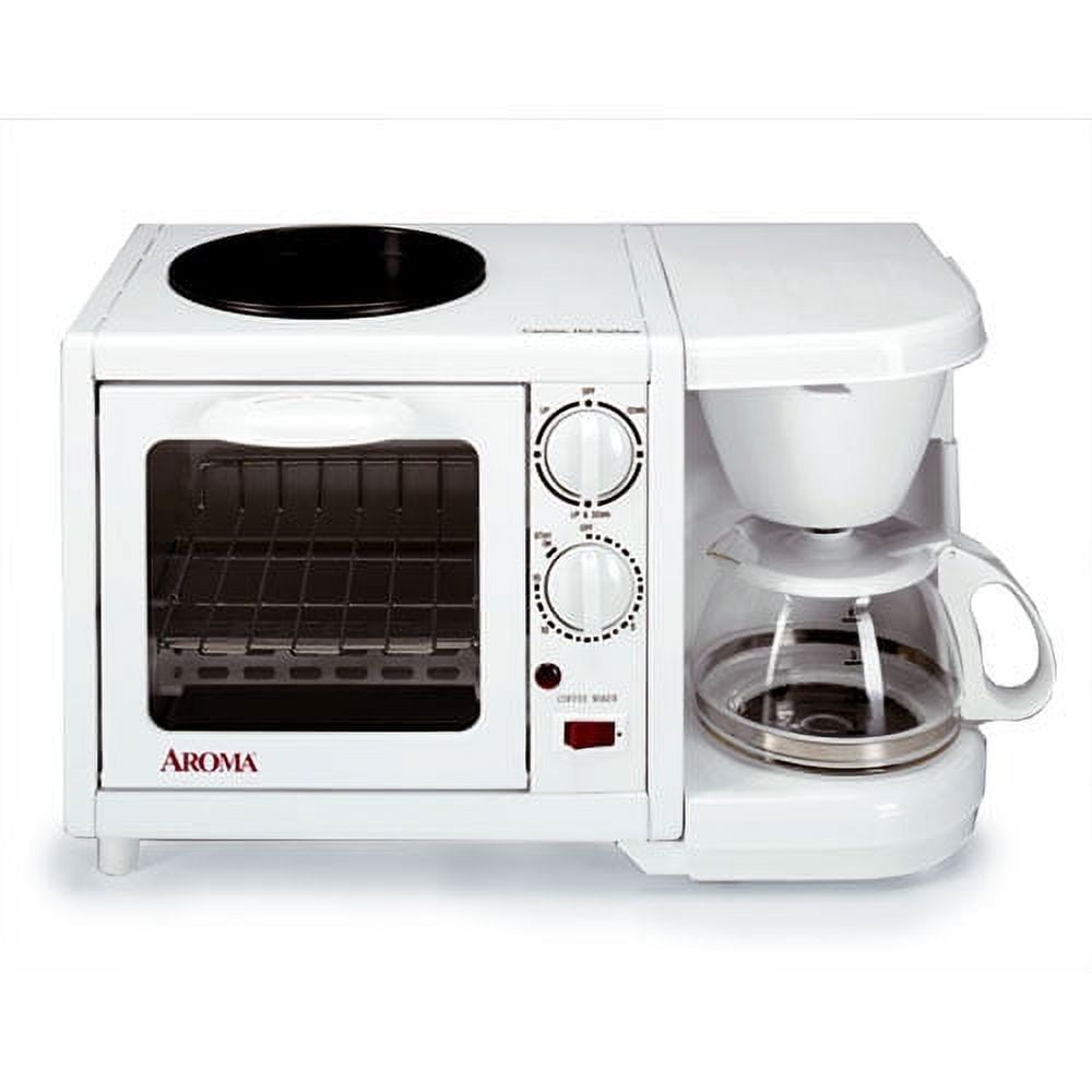 Aroma 3-in-1 Mini Toaster Oven + Coffee Maker Griddle Machine, ABT-103 W,  White