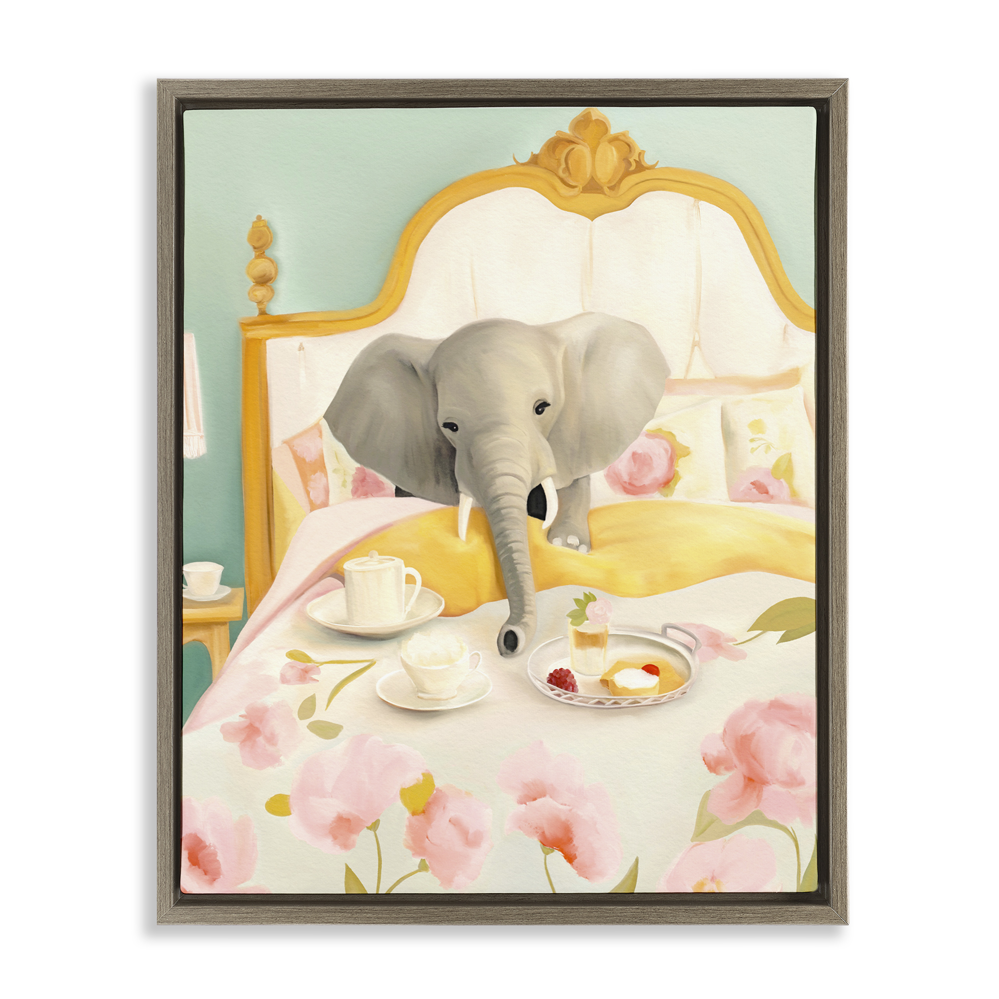 Breakfast in Bed Elephant Brown Framed Floater Canvas Wall Art, design by Leah Straatsma