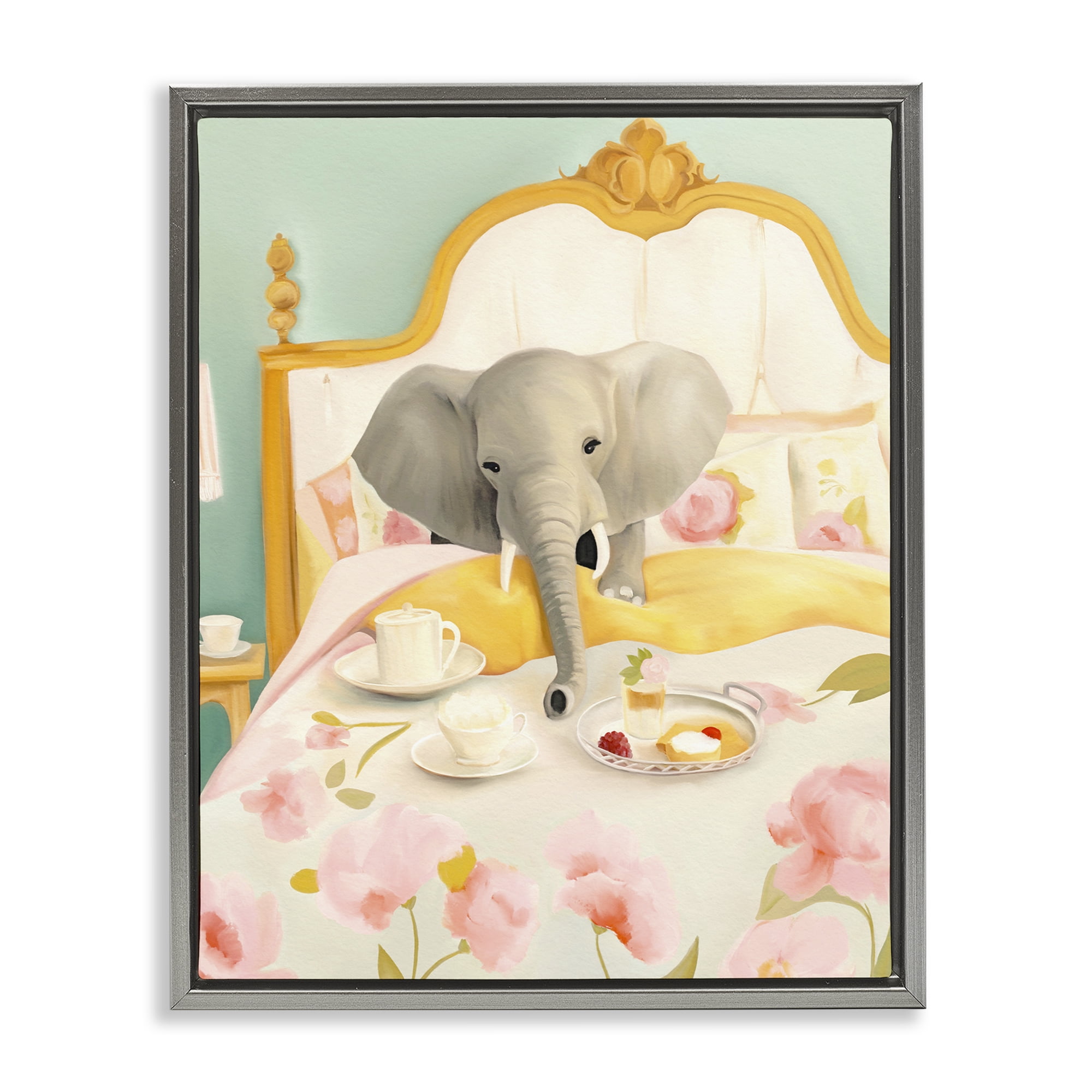 Breakfast in Bed Elephant Gray Framed Floater Canvas Wall Art, design by Leah Straatsma