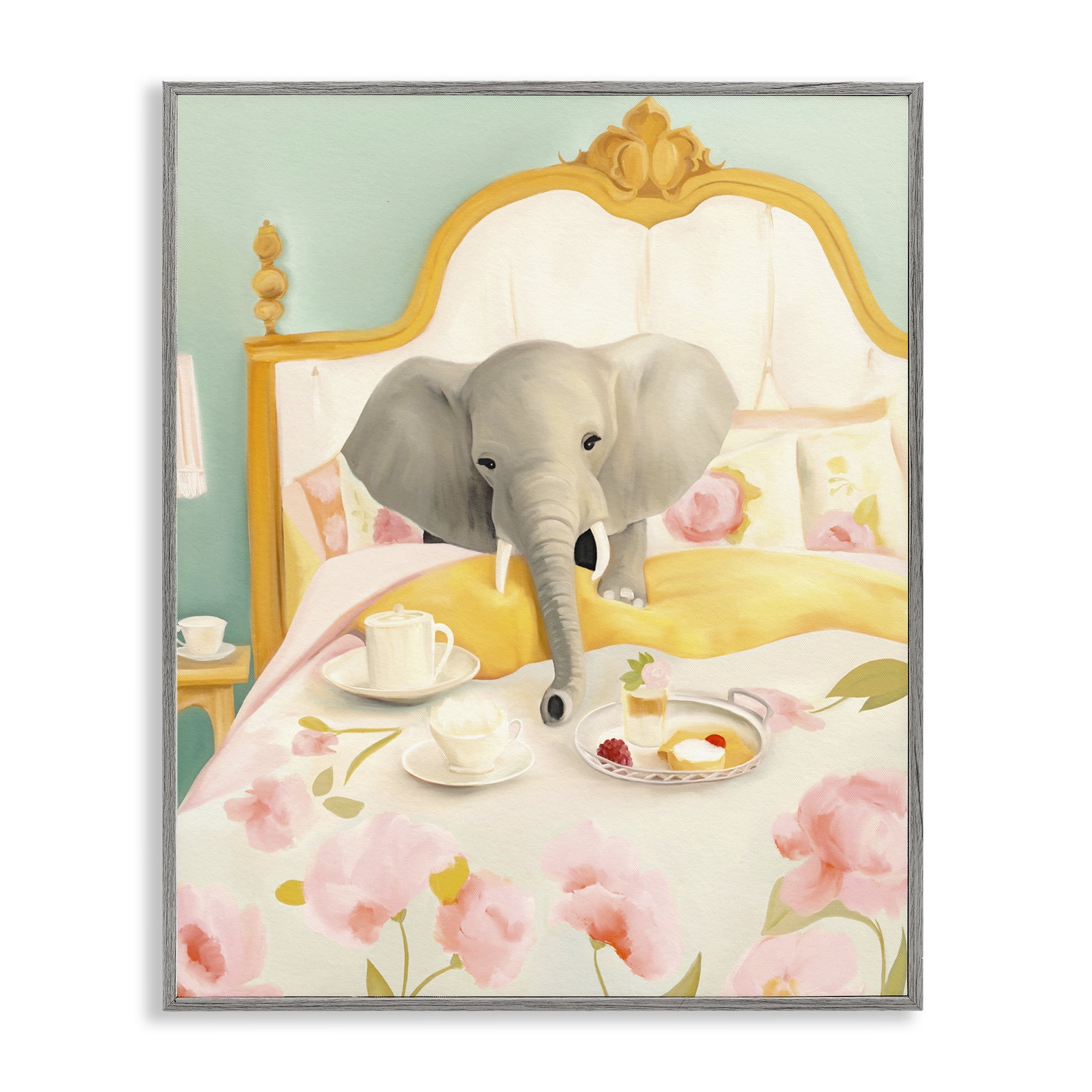 Breakfast in Bed Elephant Gray Framed Giclee Art, design by Leah Straatsma