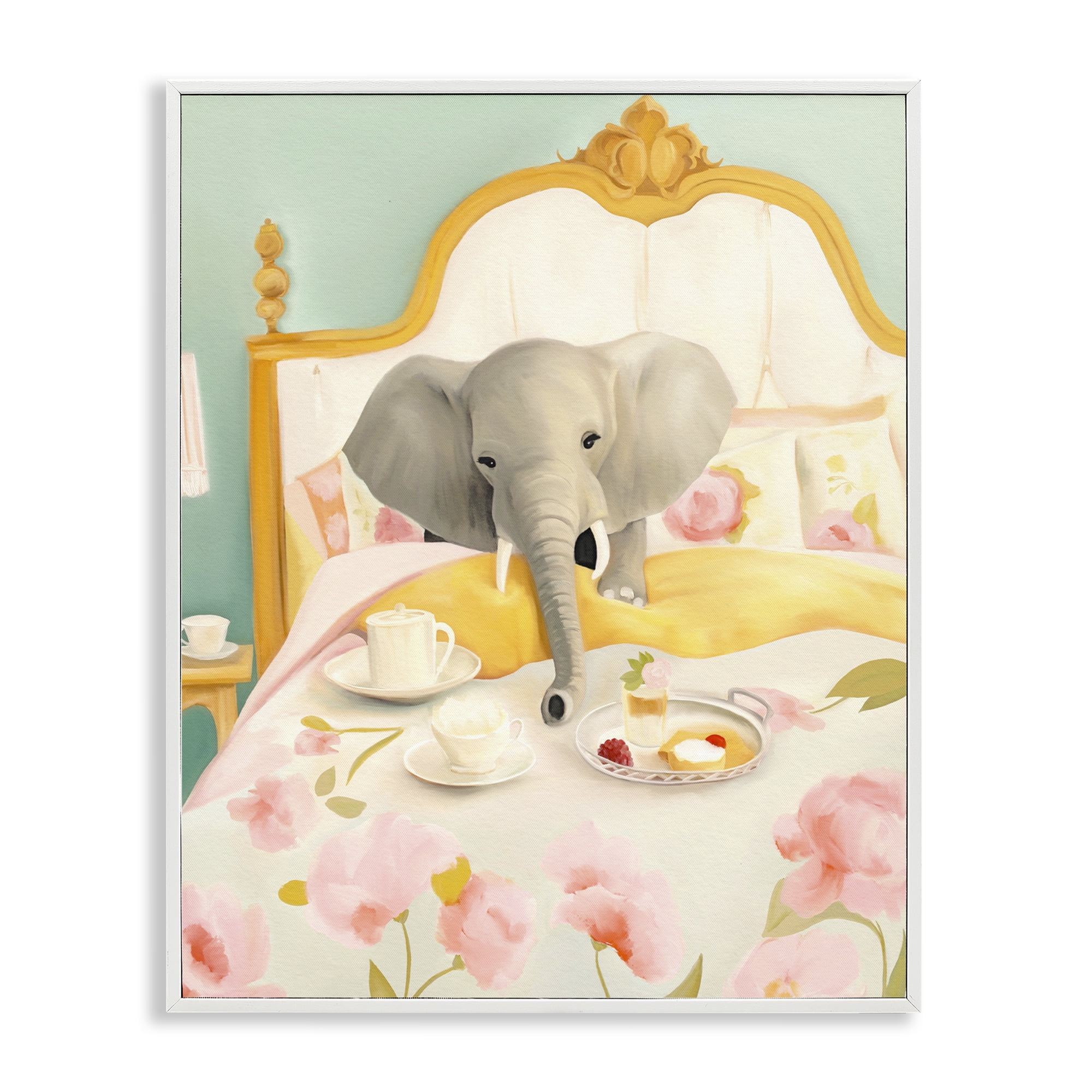 Breakfast in Bed Elephant White Framed Giclee Art, design by Leah Straatsma