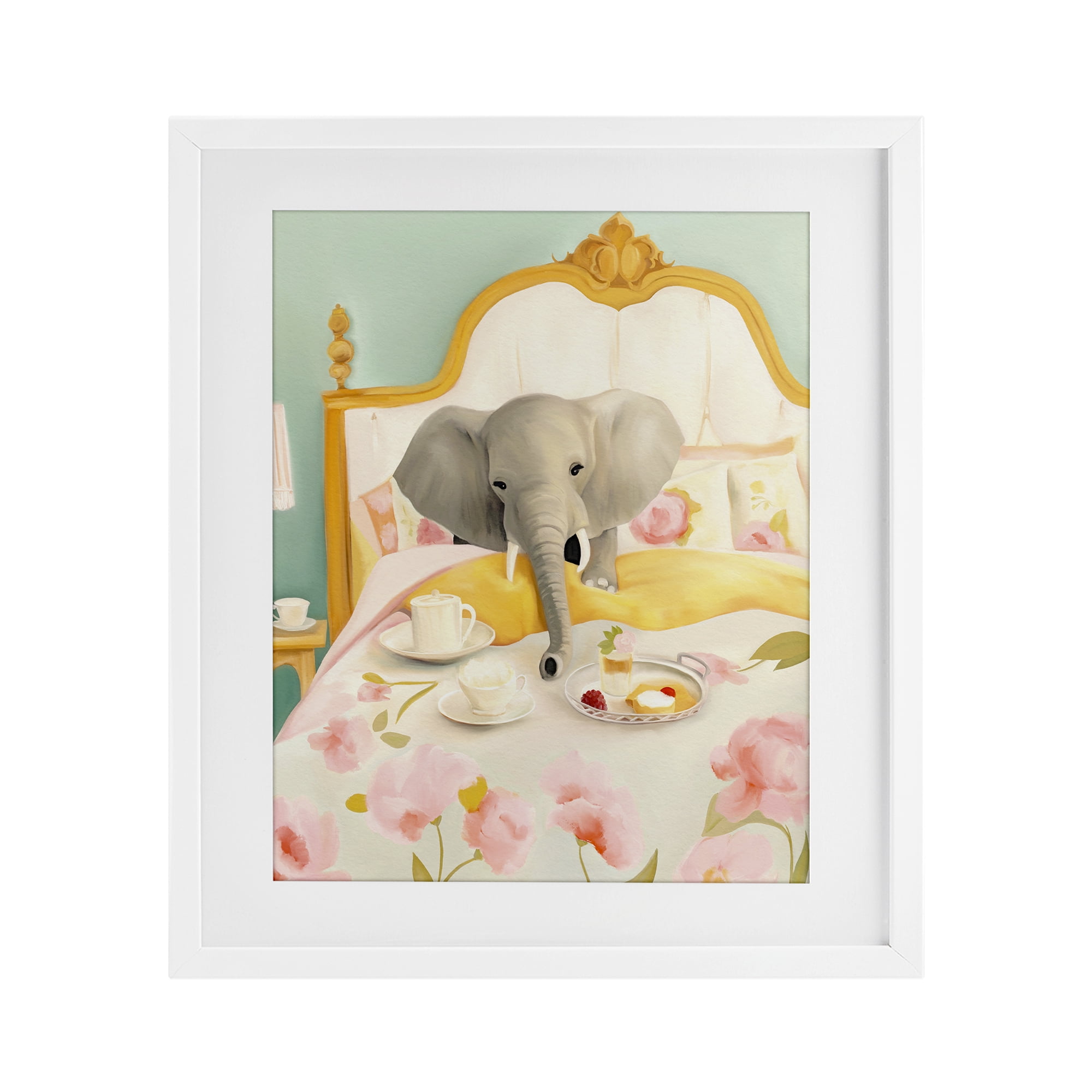 Breakfast in Bed Elephant White Framed Print Under Glass, design by Leah Straatsma