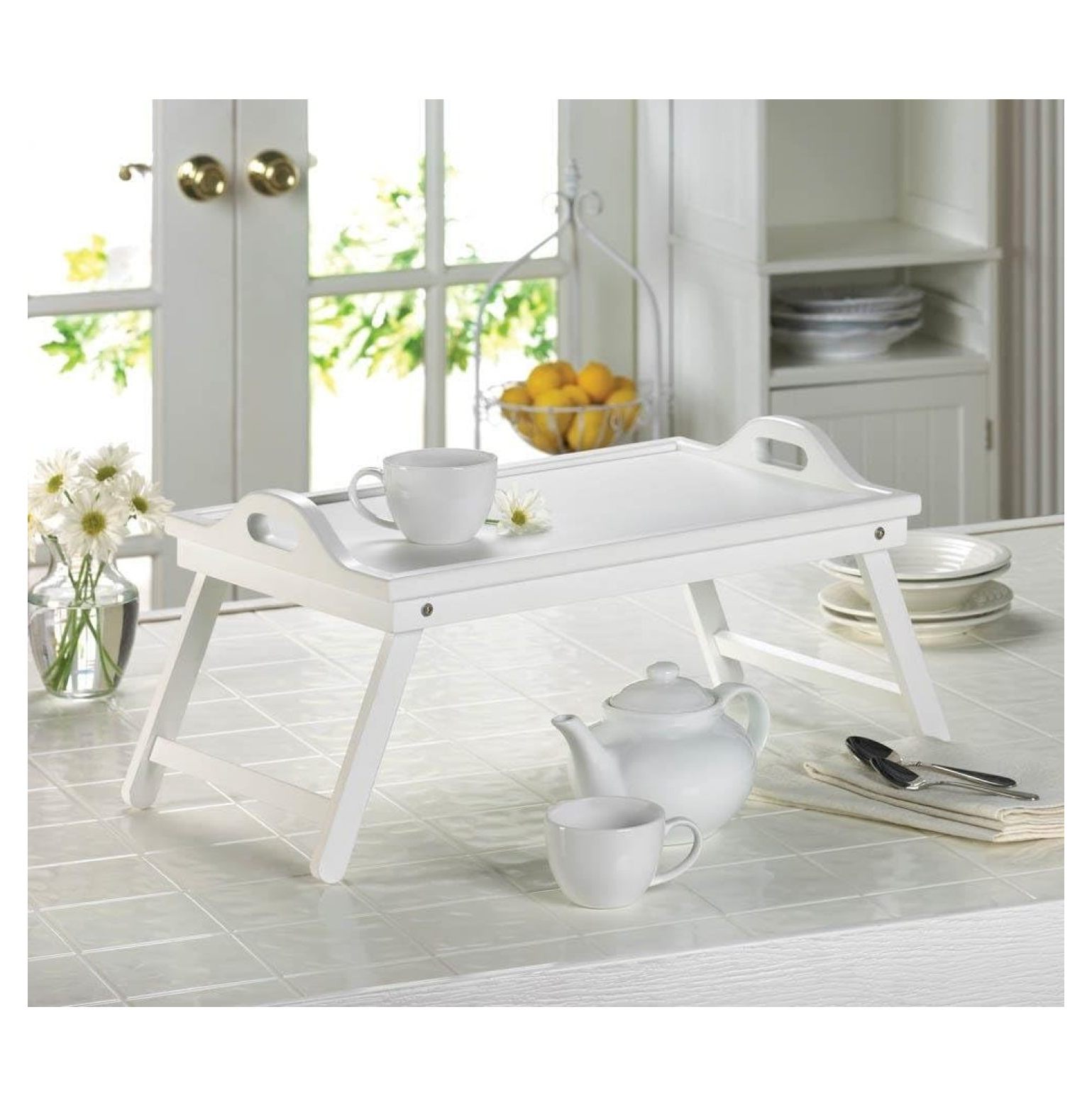 Breakfast in Bed Tray Folding TV White Serving Wood Hospital w/Handles