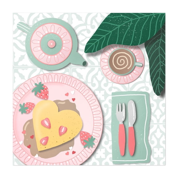 Breakfast in the patio - Illustration Kitchen Decor Coffee Fruit Pastel Breakfast Whimsical Pattern Unframed Wall Art Print 6 x 6 inches