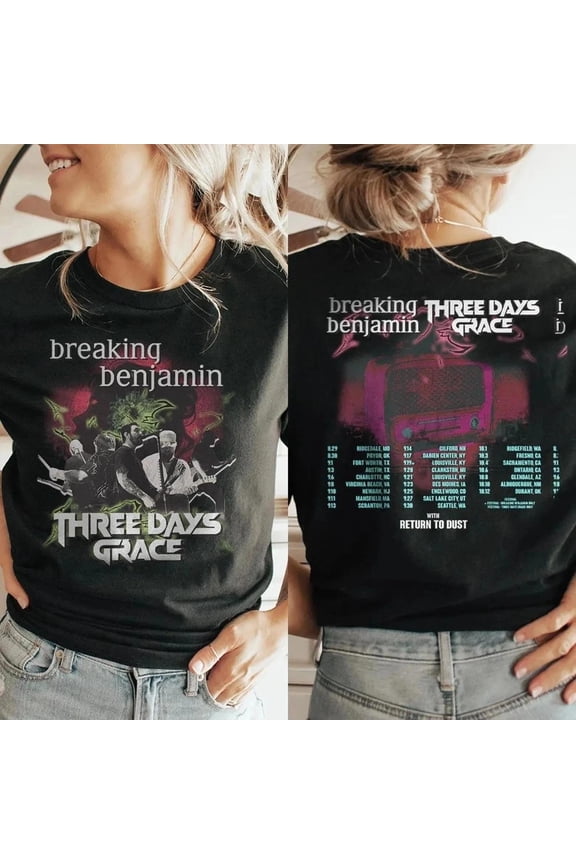 Breaking Benjamin Three Days Grace Tour Dates 2025 T-shirt,Black Color,Size L