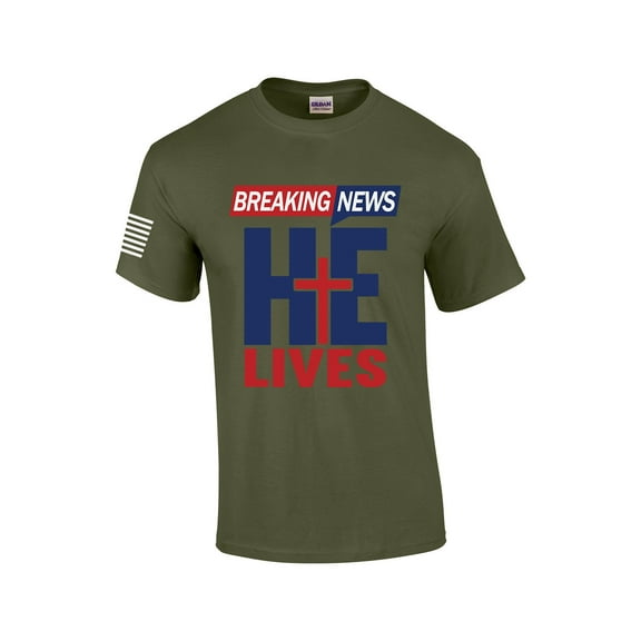 Breaking New He Lives Jesus Christ Mens Christian Short Sleeve T-Shirt Graphic Tee-Military-medium
