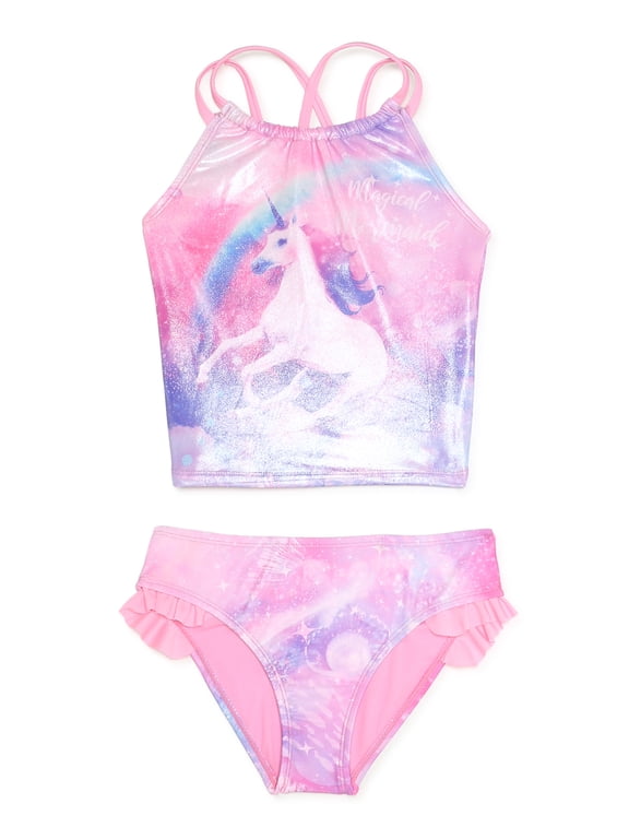 Girls Cross-Back Unicorn Ruffle Tankini Swimsuit with UPF 50+, Sizes 4-6X