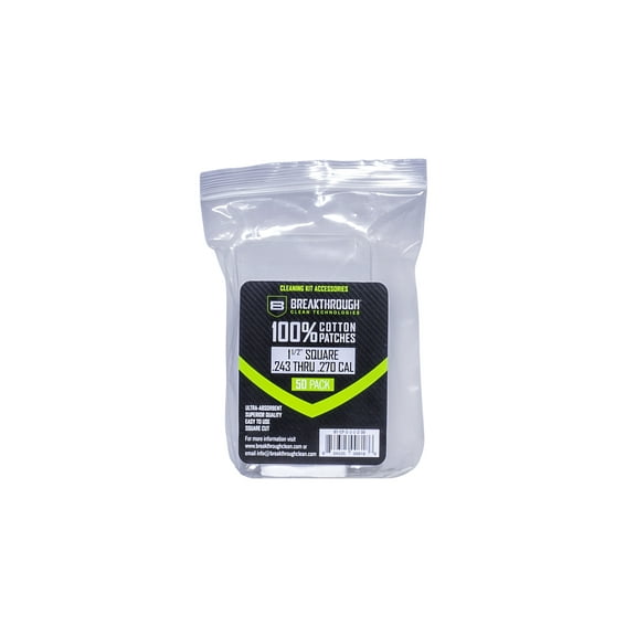 Breakthrough Clean Technologies Cotton Patches, 1.5" Square, .243 Thru .270 Caliber, 50-Pack