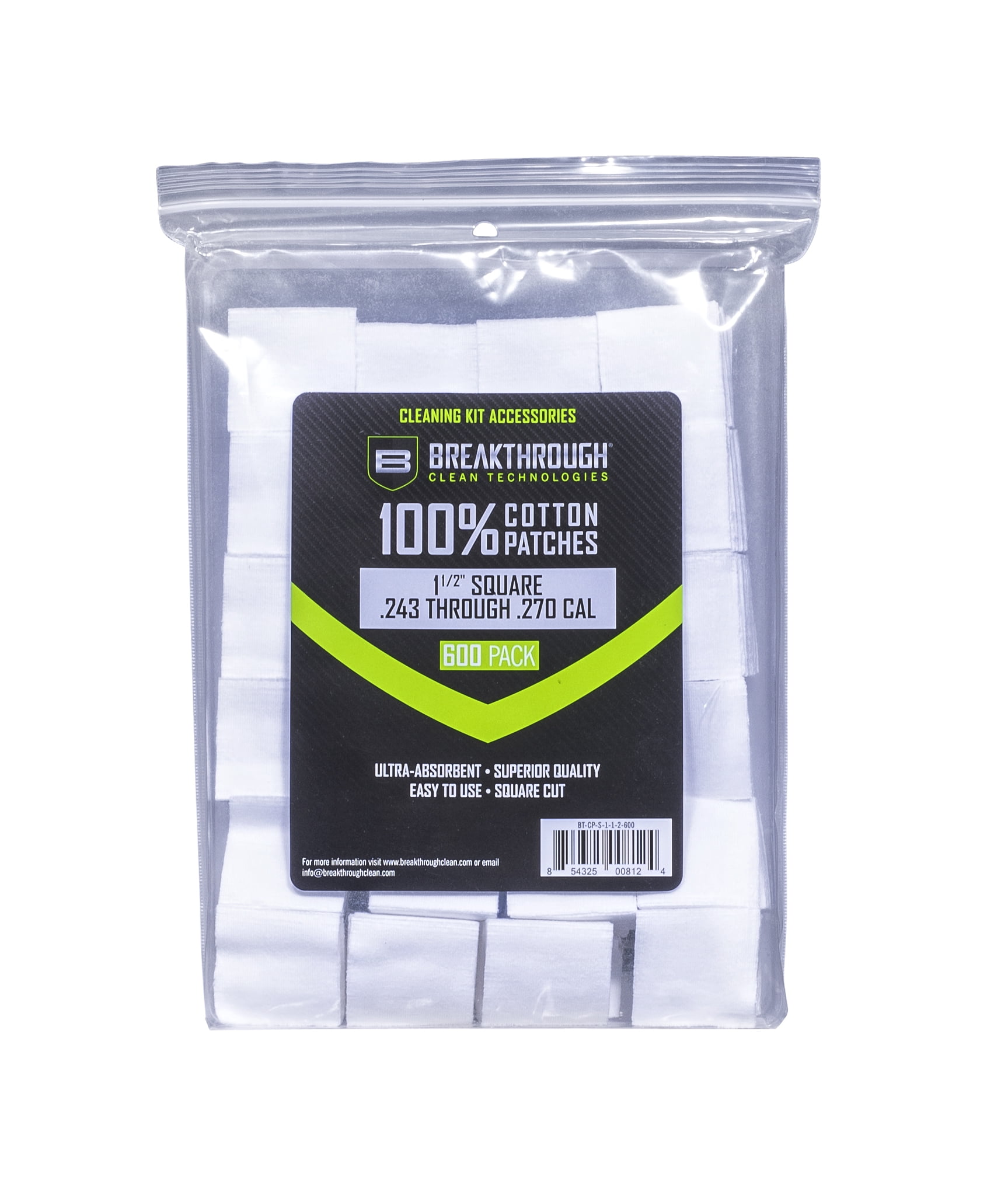 Breakthrough Clean Technologies® Cotton Patches, 1.5" Square, .243 Thru .270 Caliber, 600-Pack