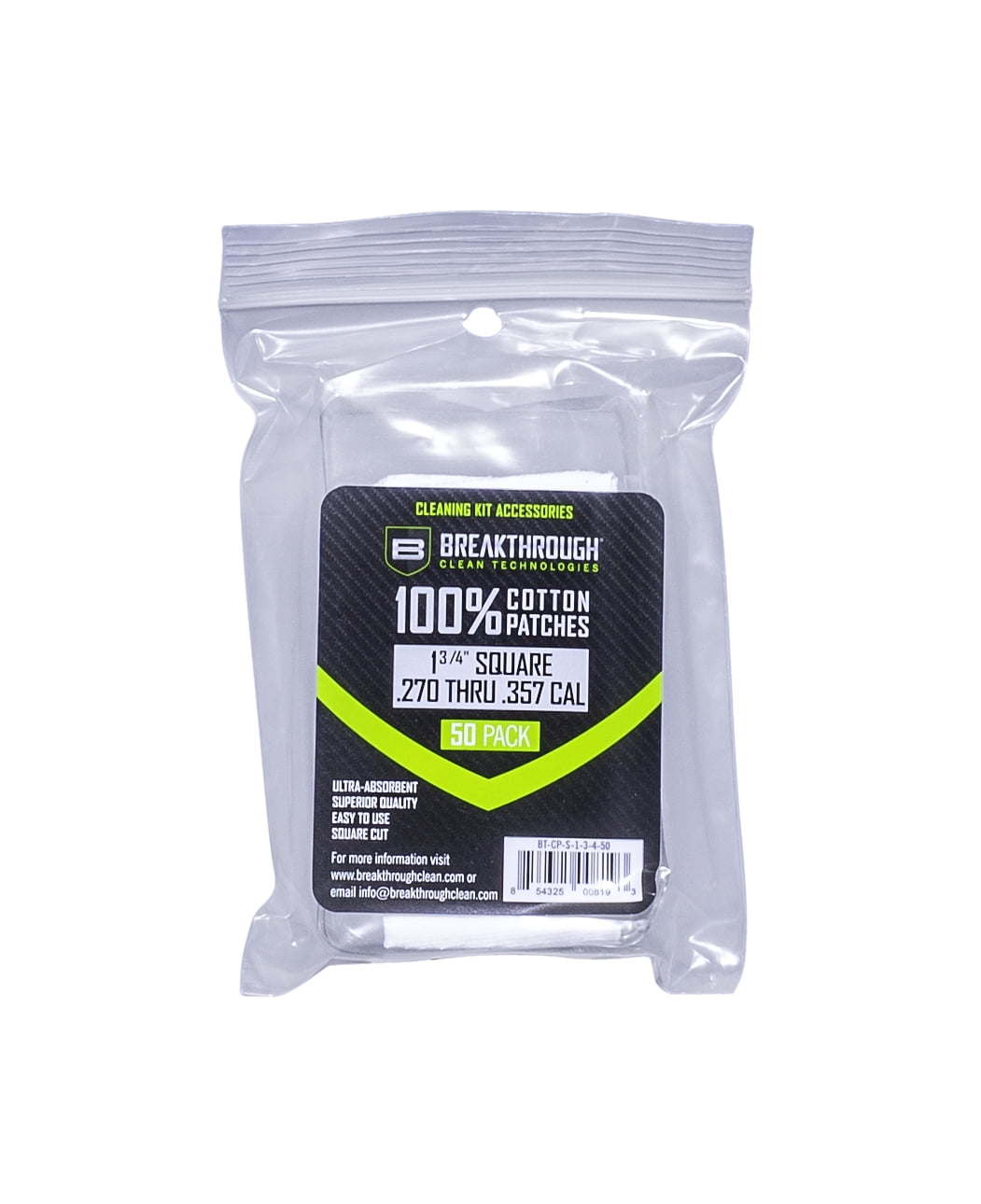 Breakthrough Clean Technologies® Cotton Patches, 1.75" Square, .270 Thru .357 Caliber, 50-Pack