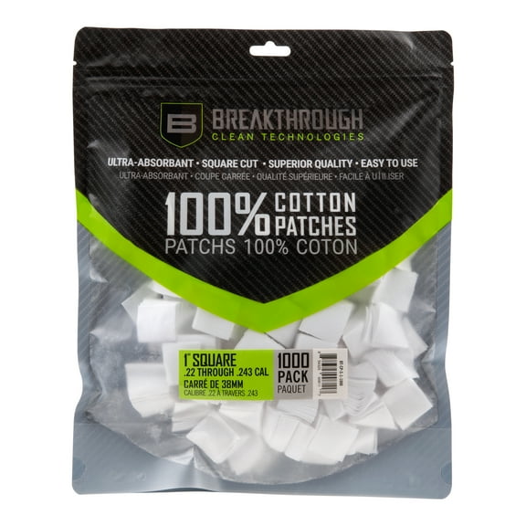 Breakthrough Clean Technologies Cotton Patches, 1" Square, .22 Thru .243 Caliber, 1,000-Pack