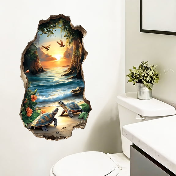 Breakthrough Underwater World Bathroom Wall Sticker A1Pc, 3D Effect Ocean Theme Turtle Beach Stickers For Teens Bedroom Living Room Decor