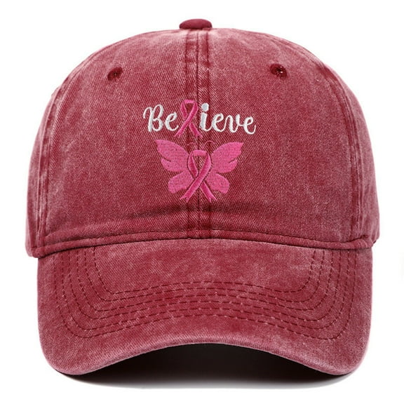 Breast Cancer Awareness Adjustable Embroidered_Pink Ribbon Breast Cancer Awareness_Butt-erfly Hat, Hip-hop Peak Cap for Men Women(Red)