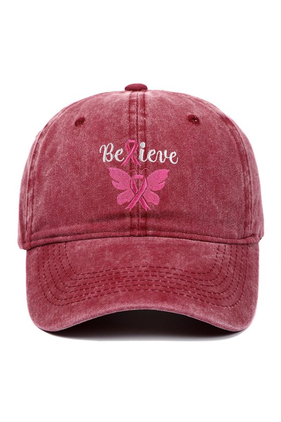 Breast Cancer Awareness Adjustable Embroidered_Pink Ribbon Breast Cancer Awareness_Butt-erfly Hat, Hip-hop Peak Cap for Men Women(Red)