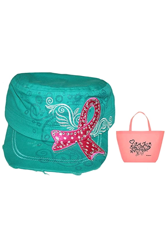 Breast Cancer Awareness Adult Bling Vintage Turquoise Cadet Hat & Tote - 2 Piece Gift Set
